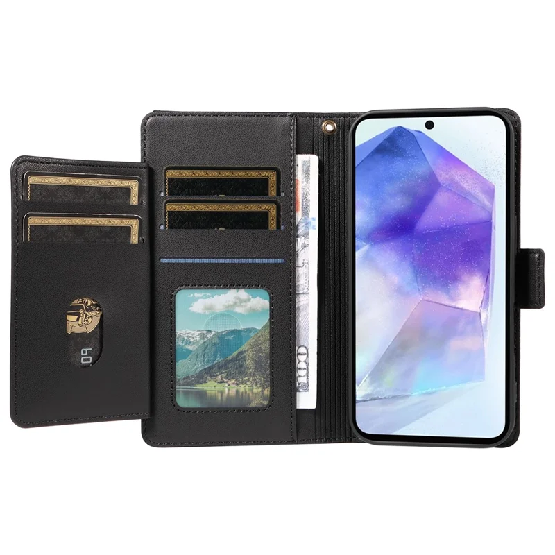 For Samsung Galaxy A55 5G Case with Multi-Card Holder and Strap PU Leather Phone Cover Stand - Black
