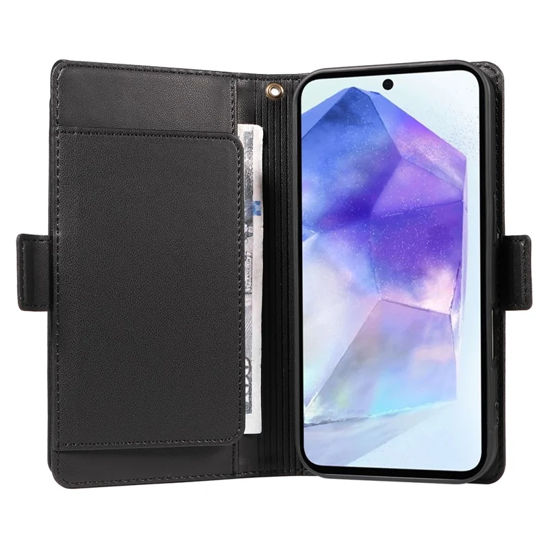 For Samsung Galaxy A55 5G Case with Multi-Card Holder and Strap PU Leather Phone Cover Stand - Black