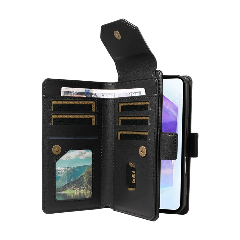 For Samsung Galaxy A55 5G Case with Multi-Card Holder and Strap PU Leather Phone Cover Stand - Black