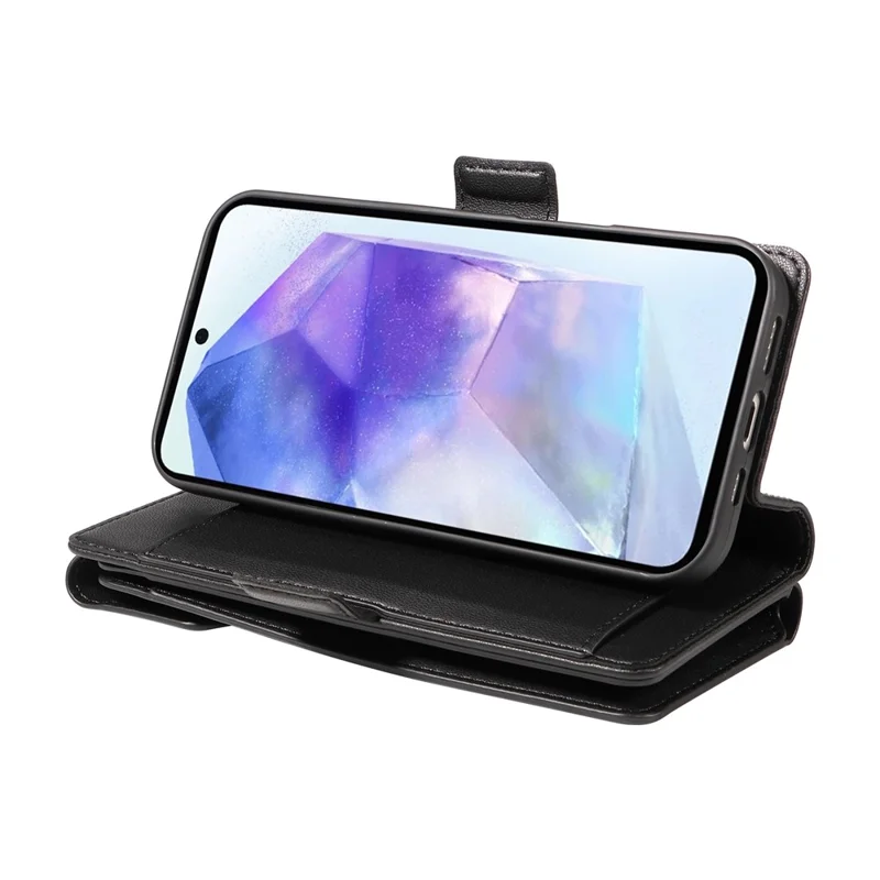 For Samsung Galaxy A55 5G Case with Multi-Card Holder and Strap PU Leather Phone Cover Stand - Black