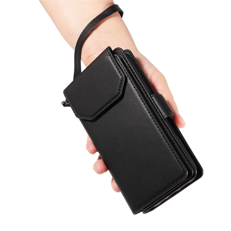 For Samsung Galaxy A55 5G Case with Multi-Card Holder and Strap PU Leather Phone Cover Stand - Black