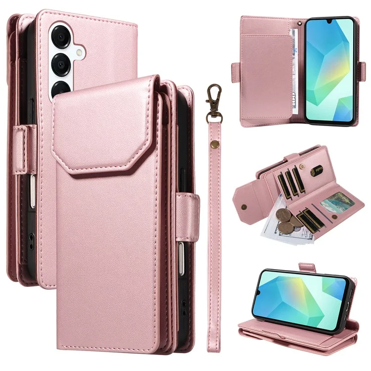 For Samsung Galaxy A26 5G / A16 5G / A16 4G Case with Multi-Card Holder and Strap PU Leather Phone Cover Stand - Rose Gold