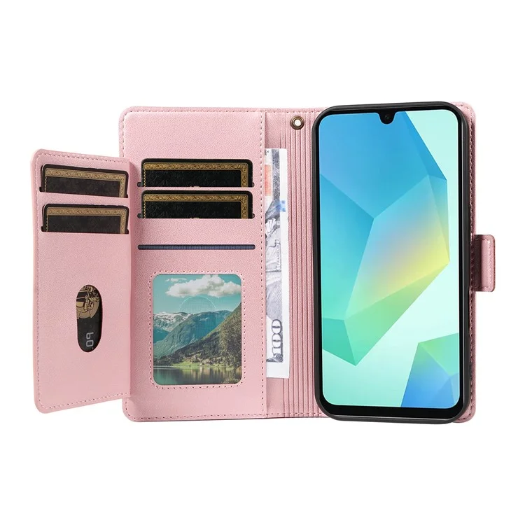 For Samsung Galaxy A26 5G / A16 5G / A16 4G Case with Multi-Card Holder and Strap PU Leather Phone Cover Stand - Rose Gold