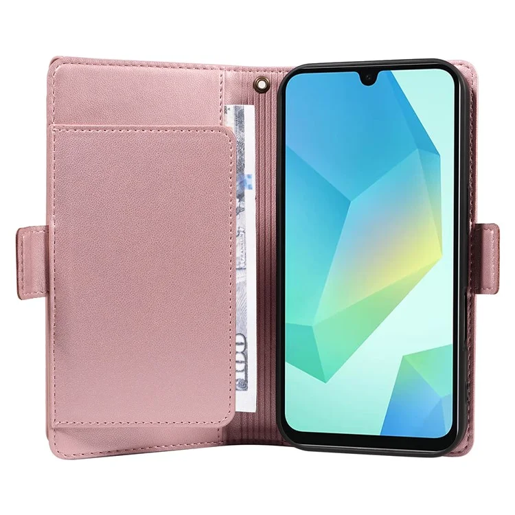 For Samsung Galaxy A26 5G / A16 5G / A16 4G Case with Multi-Card Holder and Strap PU Leather Phone Cover Stand - Rose Gold