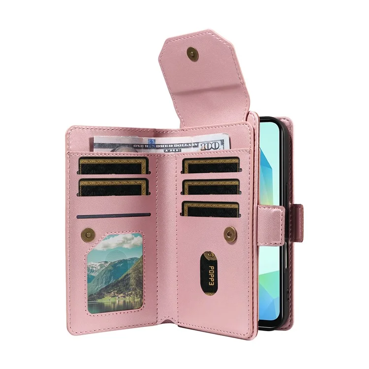 For Samsung Galaxy A26 5G / A16 5G / A16 4G Case with Multi-Card Holder and Strap PU Leather Phone Cover Stand - Rose Gold