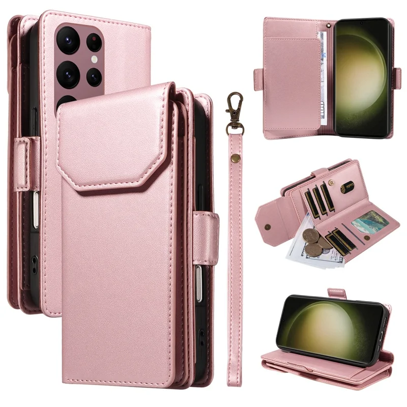 For Samsung Galaxy S23 Ultra Case with Multi-Card Holder and Strap PU Leather Phone Cover Stand - Rose Gold