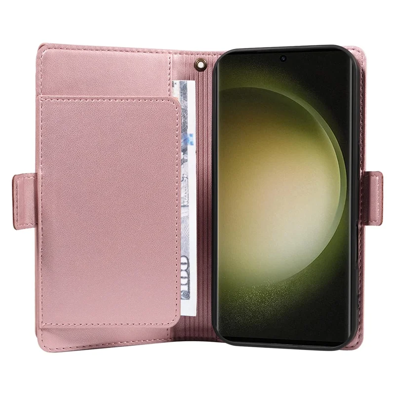 For Samsung Galaxy S23 Ultra Case with Multi-Card Holder and Strap PU Leather Phone Cover Stand - Rose Gold