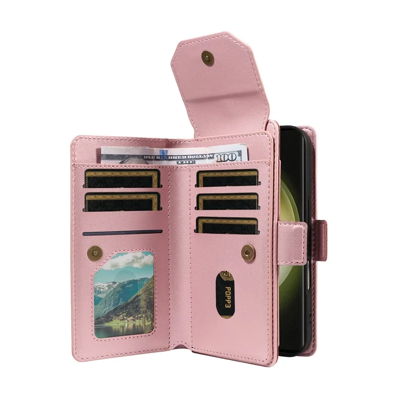 For Samsung Galaxy S23 Ultra Case with Multi-Card Holder and Strap PU Leather Phone Cover Stand - Rose Gold