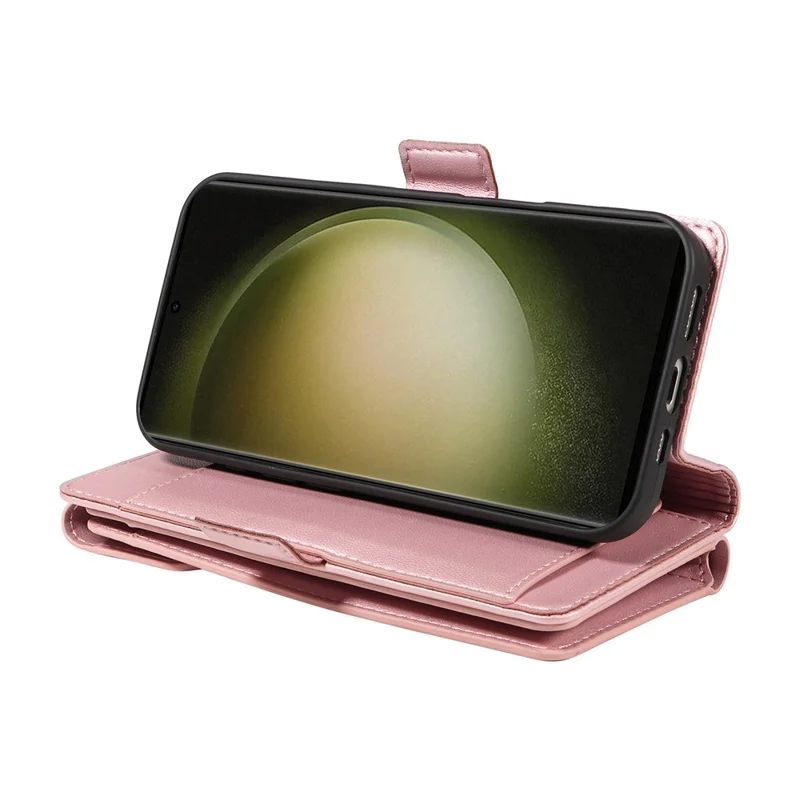 For Samsung Galaxy S23 Ultra Case with Multi-Card Holder and Strap PU Leather Phone Cover Stand - Rose Gold