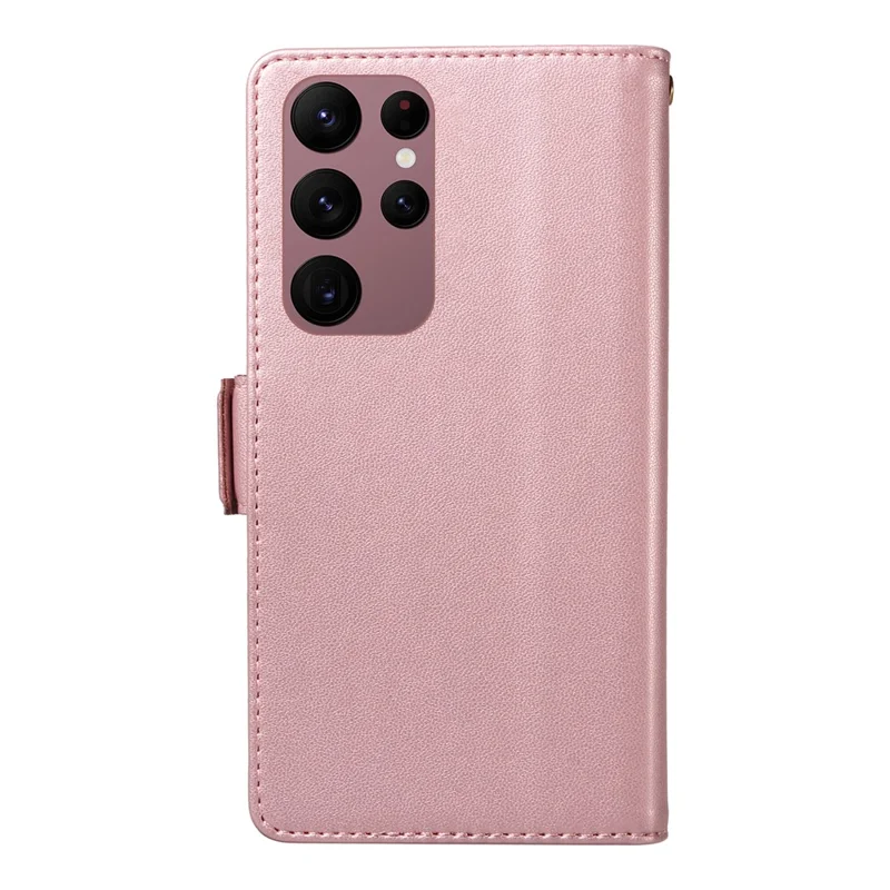 For Samsung Galaxy S23 Ultra Case with Multi-Card Holder and Strap PU Leather Phone Cover Stand - Rose Gold