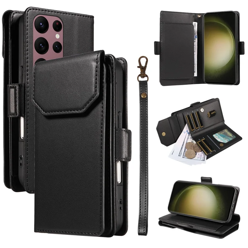 For Samsung Galaxy S23 Ultra Case with Multi-Card Holder and Strap PU Leather Phone Cover Stand - Black