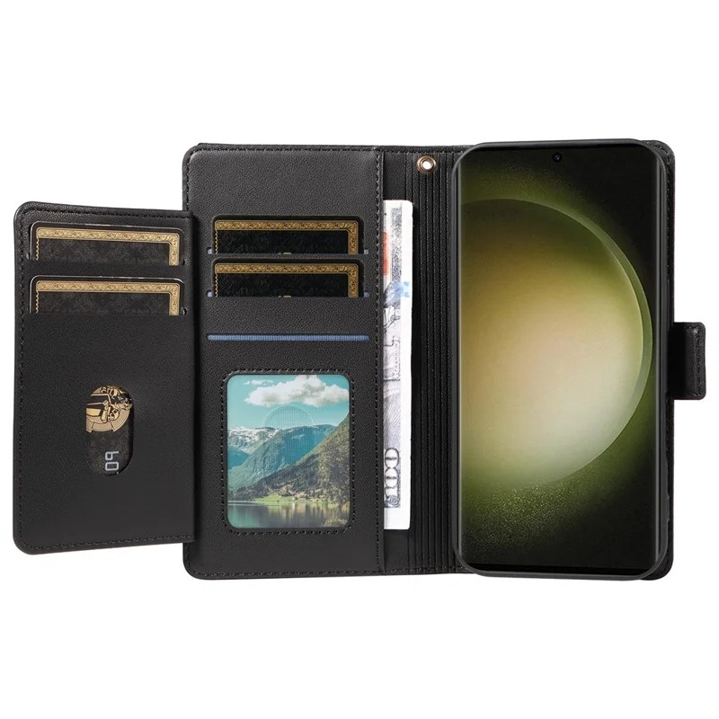 For Samsung Galaxy S23 Ultra Case with Multi-Card Holder and Strap PU Leather Phone Cover Stand - Black