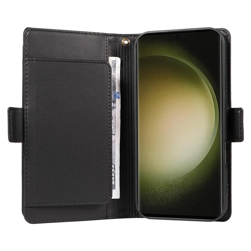 For Samsung Galaxy S23 Ultra Case with Multi-Card Holder and Strap PU Leather Phone Cover Stand - Black