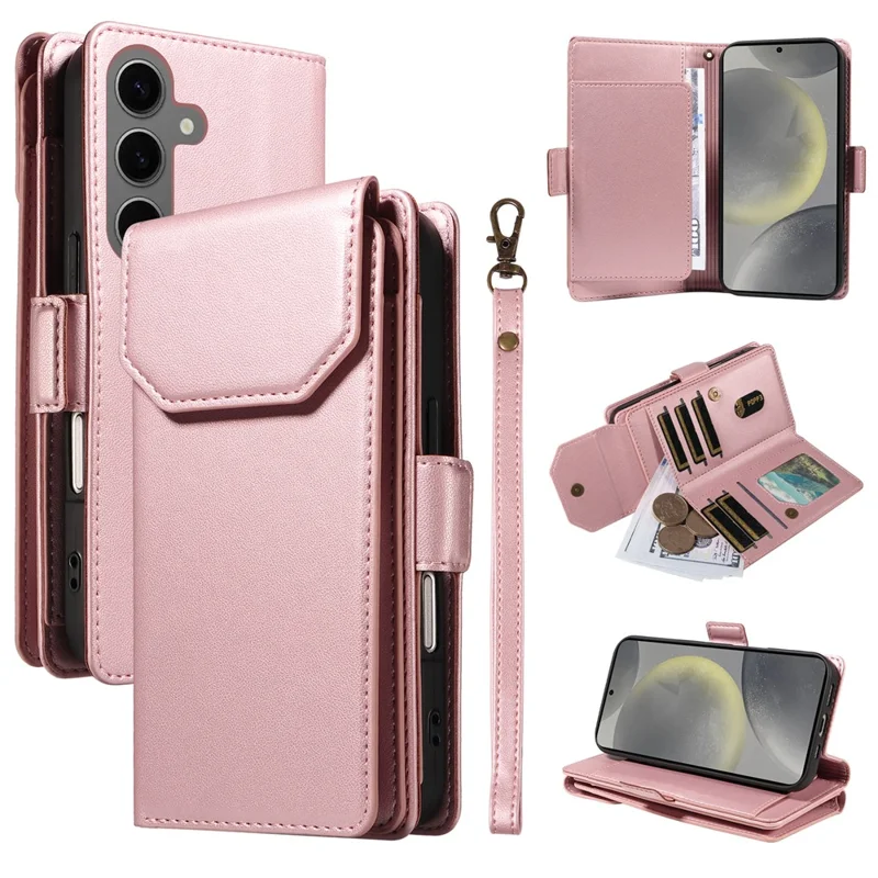For Samsung Galaxy S25 / S24 Case with Multi-Card Holder and Strap PU Leather Phone Cover Stand - Rose Gold