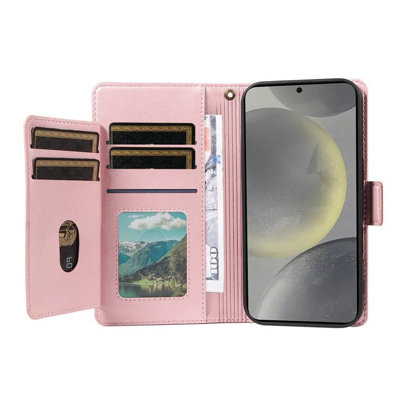 For Samsung Galaxy S25 / S24 Case with Multi-Card Holder and Strap PU Leather Phone Cover Stand - Rose Gold