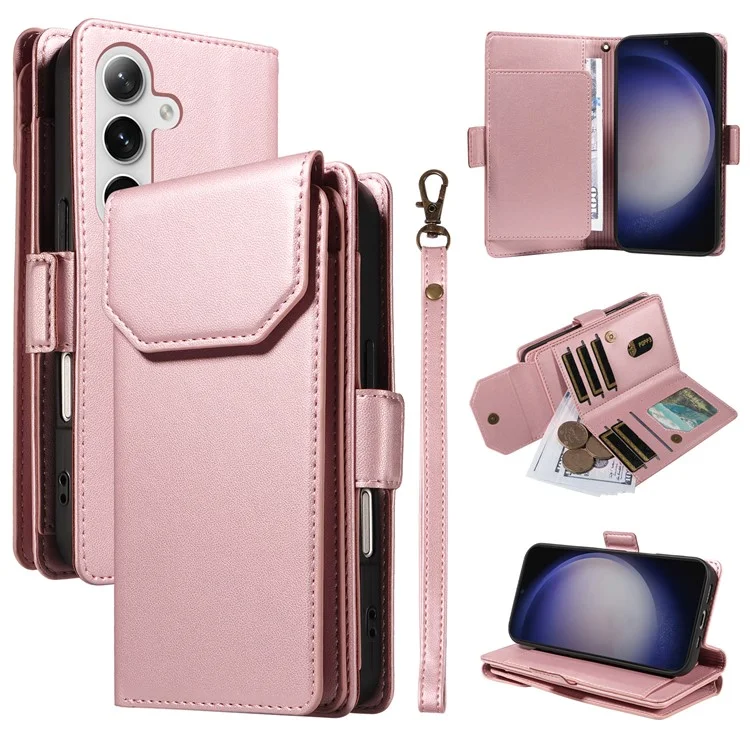 For Samsung Galaxy S25+ / S24+ Case with Multi-Card Holder and Strap PU Leather Phone Cover Stand - Rose Gold