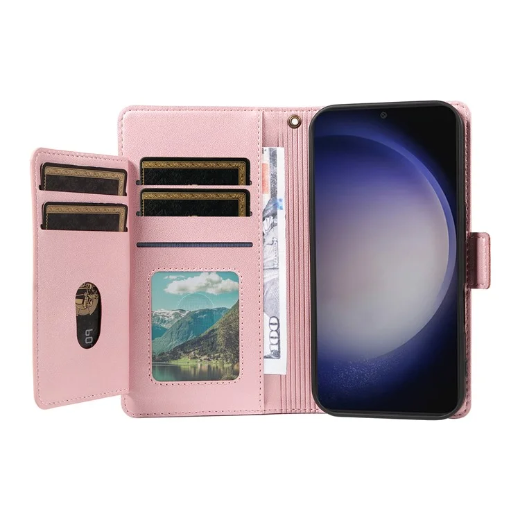 For Samsung Galaxy S25+ / S24+ Case with Multi-Card Holder and Strap PU Leather Phone Cover Stand - Rose Gold