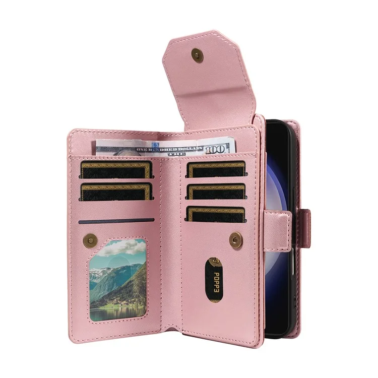 For Samsung Galaxy S25+ / S24+ Case with Multi-Card Holder and Strap PU Leather Phone Cover Stand - Rose Gold