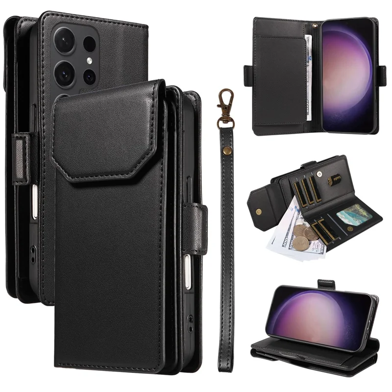 For Samsung Galaxy S24 Ultra Case with Multi-Card Holder and Strap PU Leather Phone Cover Stand - Black