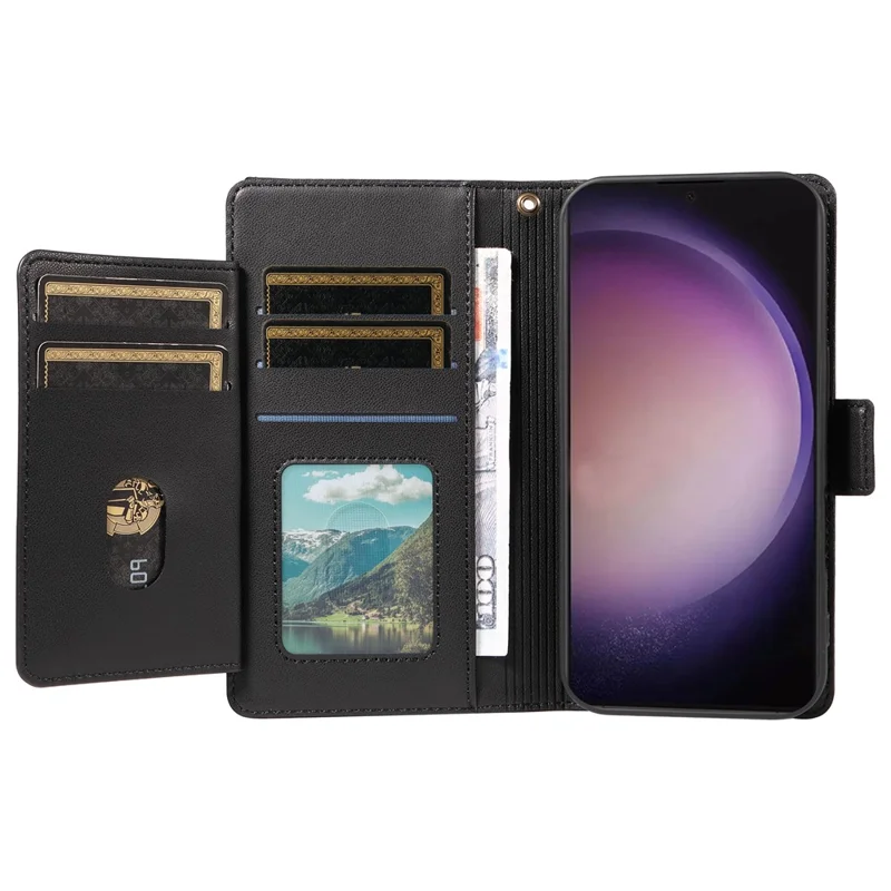 For Samsung Galaxy S24 Ultra Case with Multi-Card Holder and Strap PU Leather Phone Cover Stand - Black