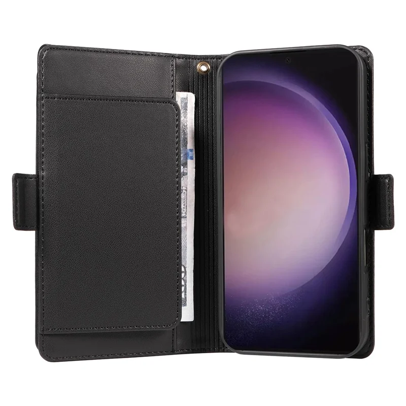 For Samsung Galaxy S24 Ultra Case with Multi-Card Holder and Strap PU Leather Phone Cover Stand - Black