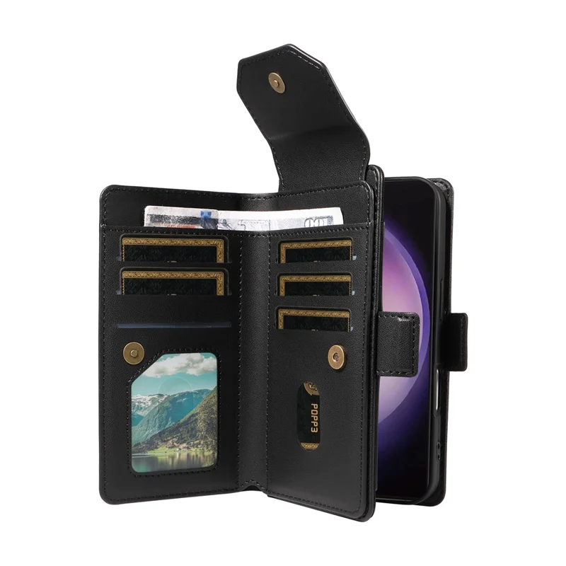 For Samsung Galaxy S24 Ultra Case with Multi-Card Holder and Strap PU Leather Phone Cover Stand - Black