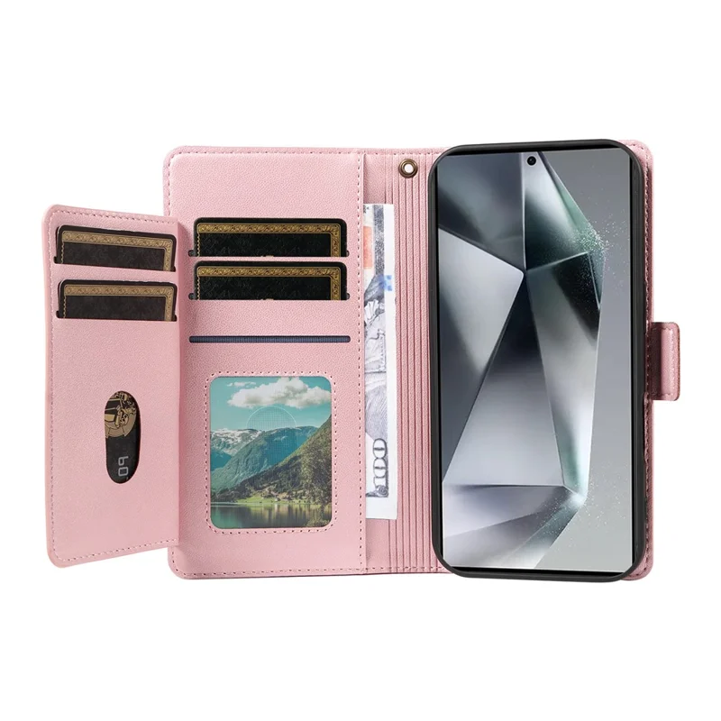 For Samsung Galaxy S25 Ultra Case with Multi-Card Holder and Strap PU Leather Phone Cover Stand - Rose Gold