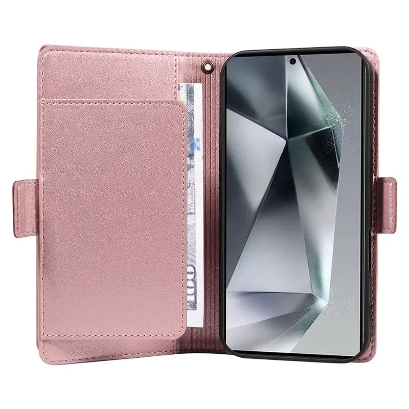 For Samsung Galaxy S25 Ultra Case with Multi-Card Holder and Strap PU Leather Phone Cover Stand - Rose Gold