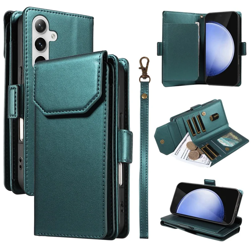 For Samsung Galaxy S24 FE Case with Multi-Card Holder and Strap PU Leather Phone Cover Stand - Green