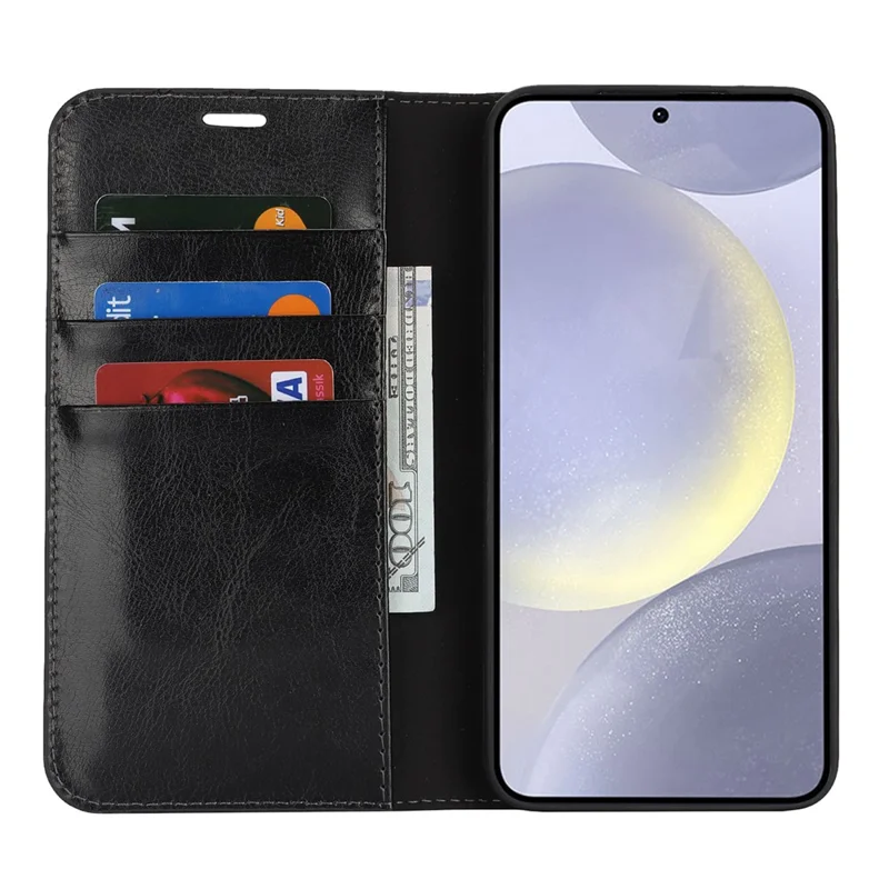For Samsung Galaxy S25 Case Crazy Horse Texture Split Leather Wallet Phone Cover - Black
