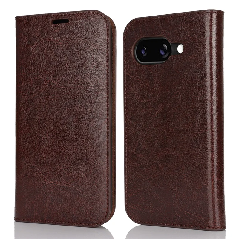 For Google Pixel 9a Case Crazy Horse Texture Split Leather Wallet Phone Cover - Dark Brown