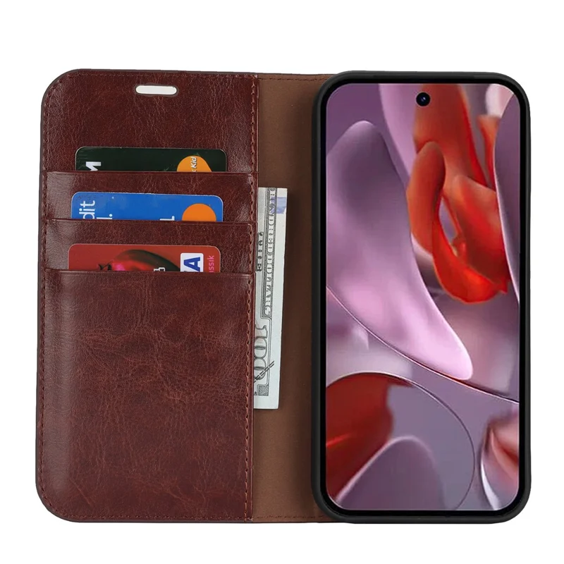For Google Pixel 9a Case Crazy Horse Texture Split Leather Wallet Phone Cover - Dark Brown
