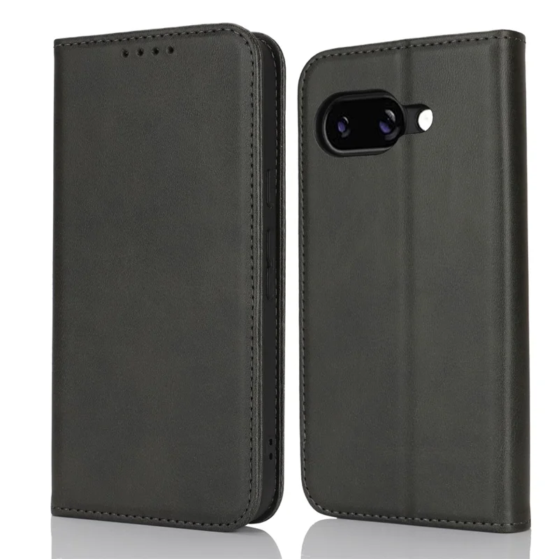 For Google Pixel 9a Case PU Leather Calf Textured Magnetic Closing Smart Phone Cover - Black