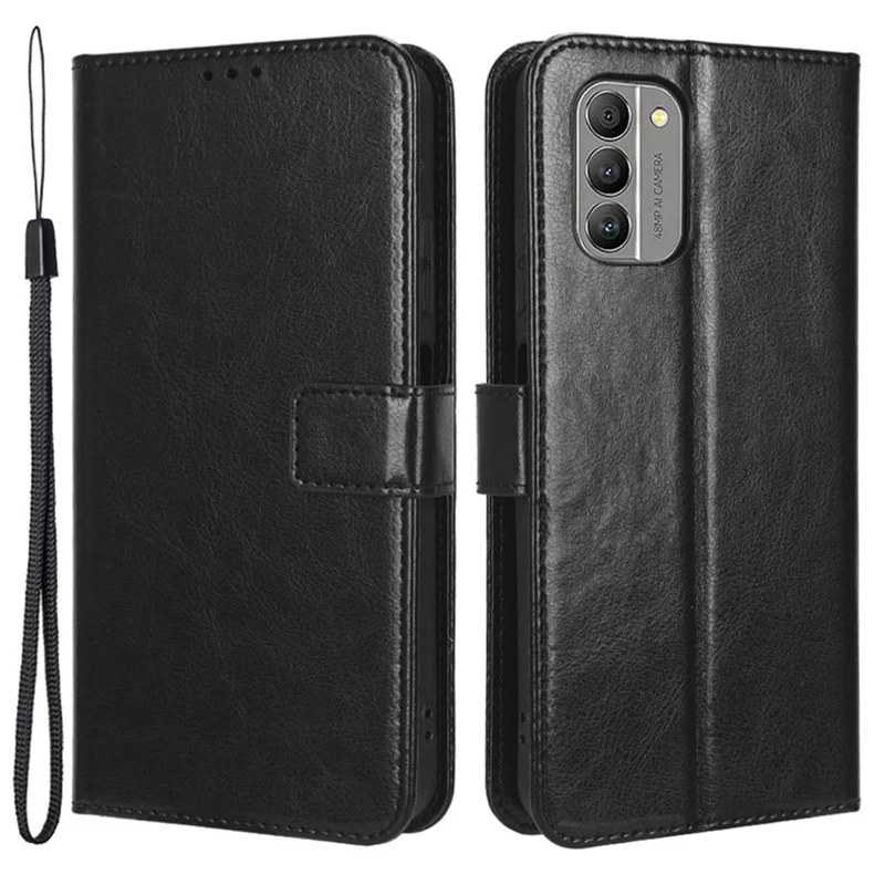 Crazy Horse Texture Phone Cover For Nokia G400 5G, PU Leather Wallet Phone Case Stand Magnetic Clasp Protective Shell with Wrist Strap - Black