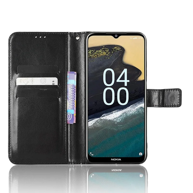 Crazy Horse Texture Phone Cover For Nokia G400 5G, PU Leather Wallet Phone Case Stand Magnetic Clasp Protective Shell with Wrist Strap - Black
