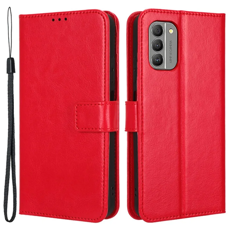 Crazy Horse Texture Phone Cover For Nokia G400 5G, PU Leather Wallet Phone Case Stand Magnetic Clasp Protective Shell with Wrist Strap - Red