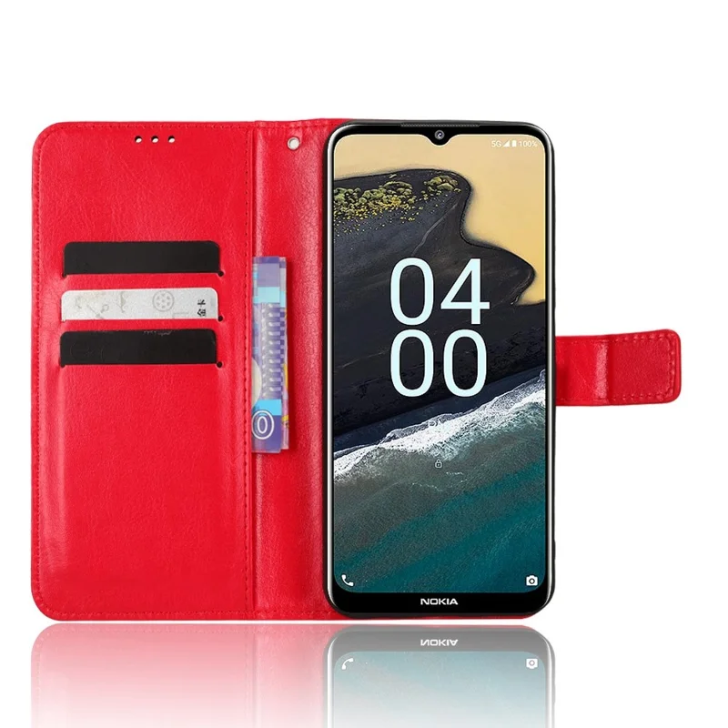 Crazy Horse Texture Phone Cover For Nokia G400 5G, PU Leather Wallet Phone Case Stand Magnetic Clasp Protective Shell with Wrist Strap - Red