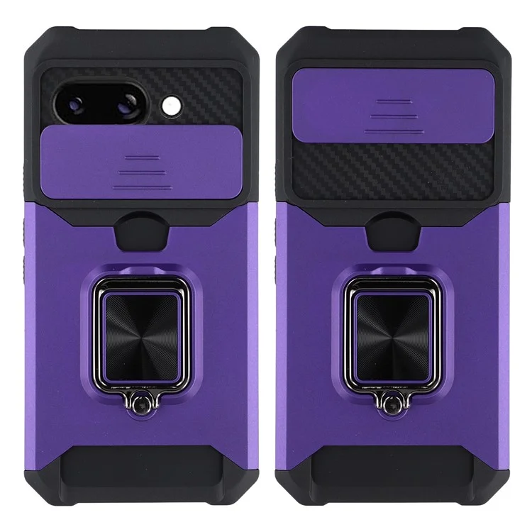 For Google Pixel 9a Kickstand Case Slide Lens Lid PC + TPU Phone Cover with Card Slot - Purple