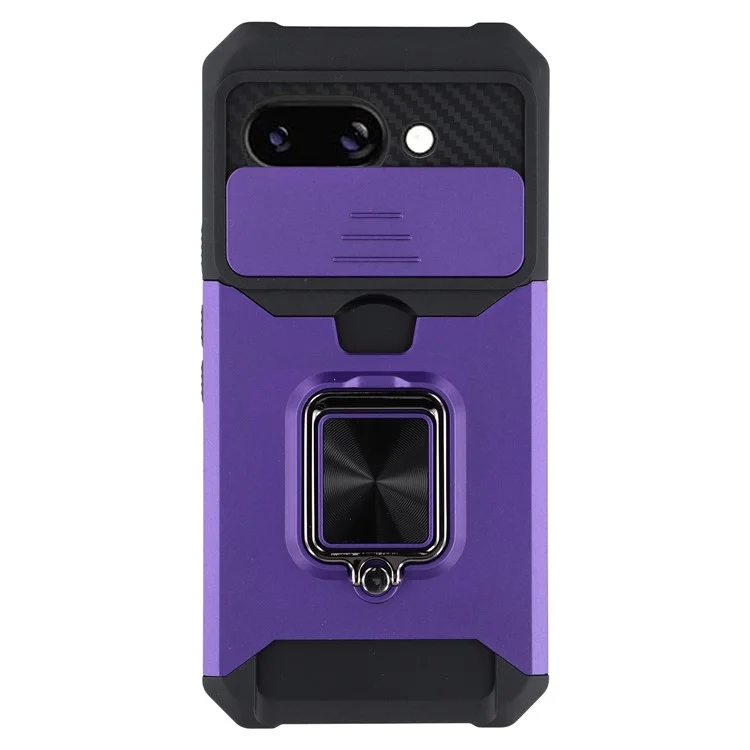 For Google Pixel 9a Kickstand Case Slide Lens Lid PC + TPU Phone Cover with Card Slot - Purple