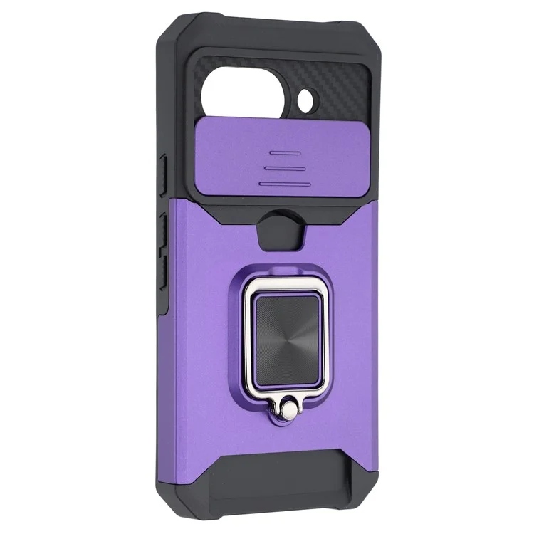 For Google Pixel 9a Kickstand Case Slide Lens Lid PC + TPU Phone Cover with Card Slot - Purple