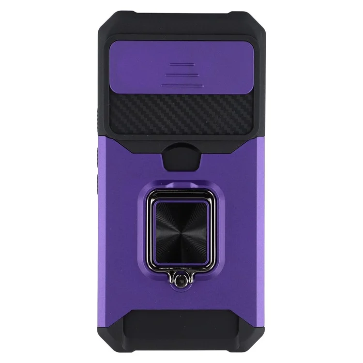 For Google Pixel 9a Kickstand Case Slide Lens Lid PC + TPU Phone Cover with Card Slot - Purple