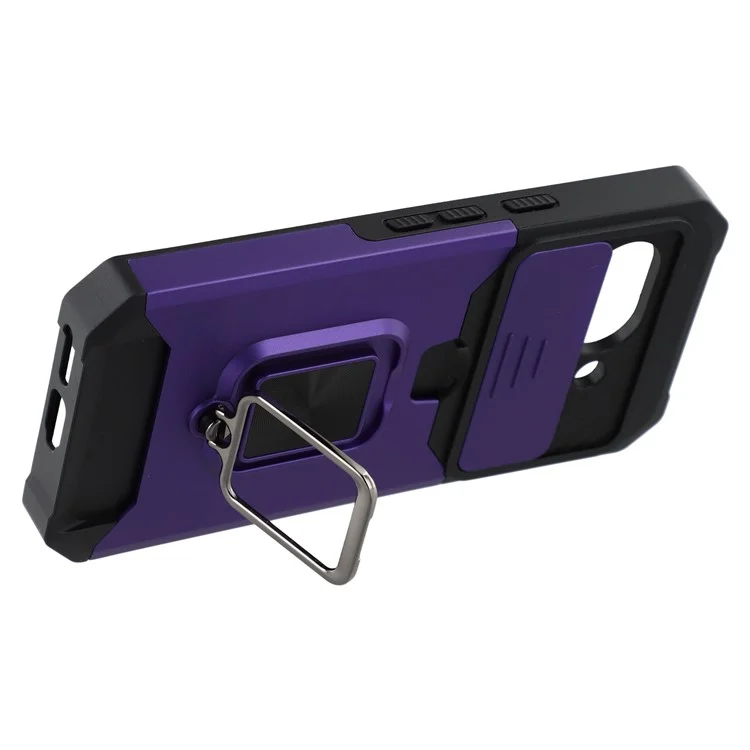 For Google Pixel 9a Kickstand Case Slide Lens Lid PC + TPU Phone Cover with Card Slot - Purple