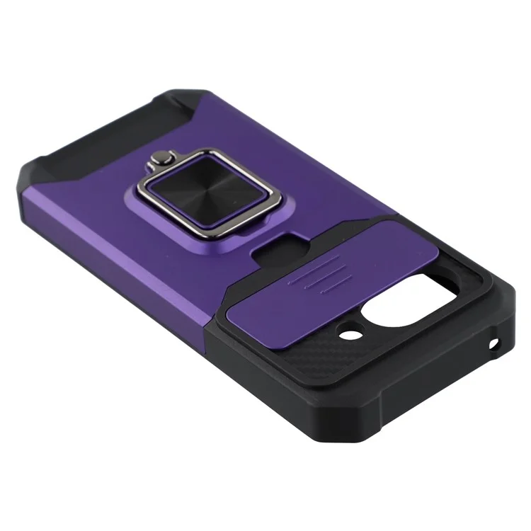 For Google Pixel 9a Kickstand Case Slide Lens Lid PC + TPU Phone Cover with Card Slot - Purple