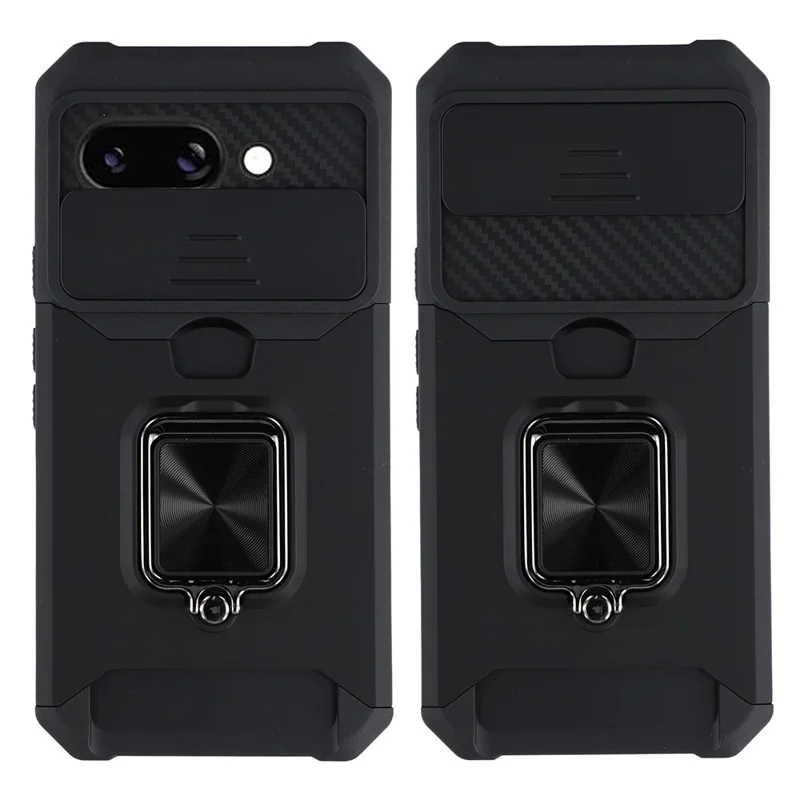 For Google Pixel 9a Kickstand Case Slide Lens Lid PC + TPU Phone Cover with Card Slot - Black