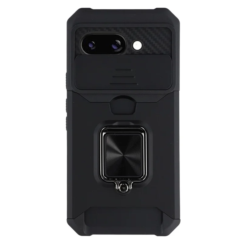For Google Pixel 9a Kickstand Case Slide Lens Lid PC + TPU Phone Cover with Card Slot - Black