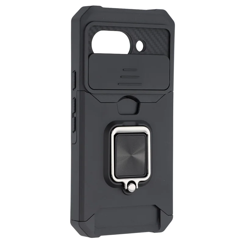 For Google Pixel 9a Kickstand Case Slide Lens Lid PC + TPU Phone Cover with Card Slot - Black