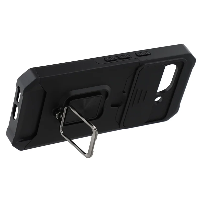 For Google Pixel 9a Kickstand Case Slide Lens Lid PC + TPU Phone Cover with Card Slot - Black