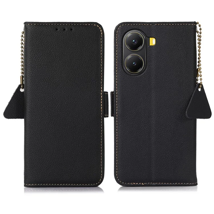 Wallet Case for Xiaomi Redmi Turbo 4 5G  /  Poco X7 Pro 5G RFID Blocking Genuine Cow Leather Phone Cover - Black