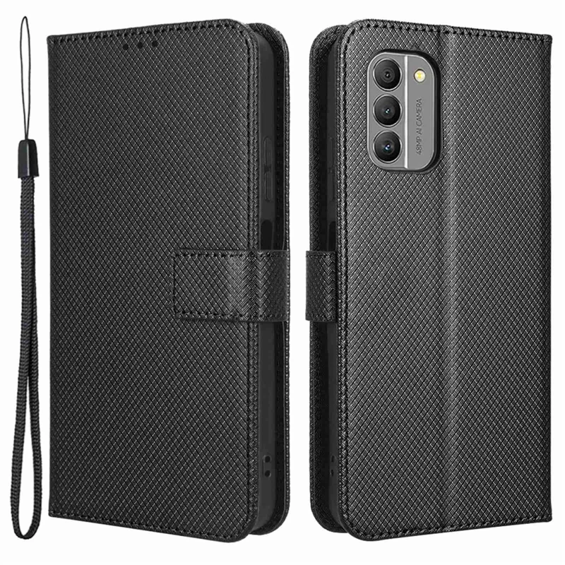 Anti-shock Cell Phone Case For Nokia G400 5G, Foldable Stand Diamond Texture Phone Folio Flip Leather Wallet Cover - Black