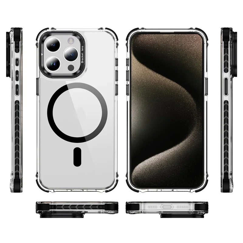 For iPhone 13 Pro Clear Phone Case with Lens Kickstand Cover Compatible with MagSafe - Black